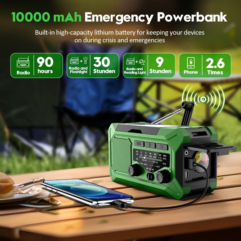 Emergency Radio Hand Crank Solar USB 3-Way Charging AM FM with 10000mAh Power Bank, SOS Alarm, LED Flashlight, Reading Light, Thermometer, Compass for Family Home Survival Kit
