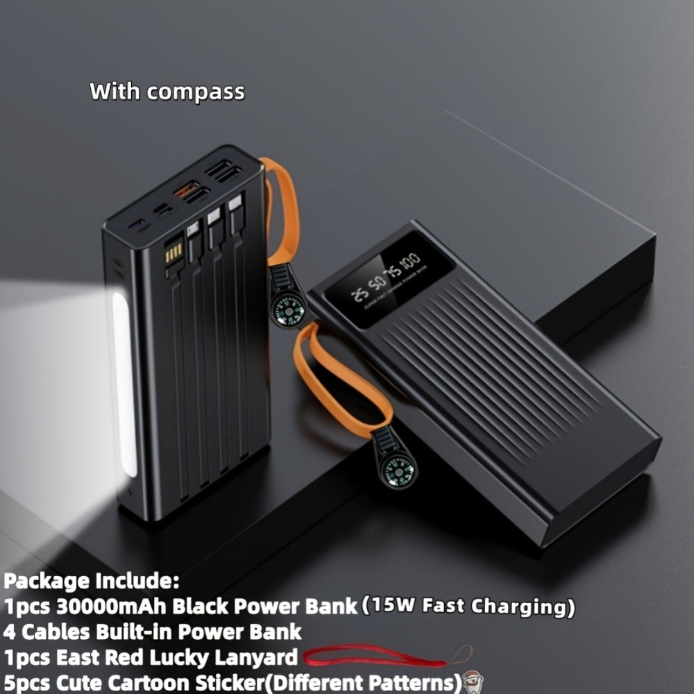 30000mAh Large Capacity Power Bank 15W Fast Charging with 4 Built-In Cables & 4-Mode Camping Light, Business Minimalist Portable Charger 10000mAh 20000mAh Compatible with iPhone Android – Black Purple White