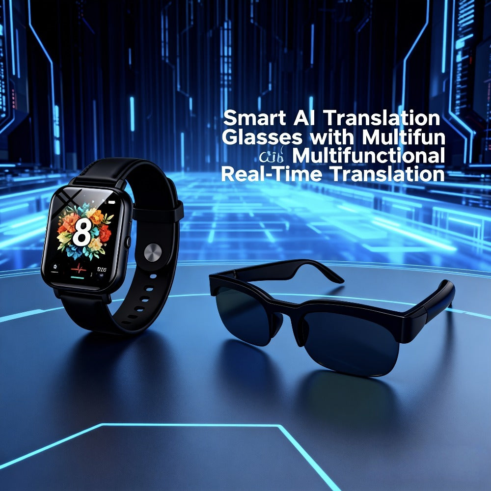 AI Smart Glasses with Real-Time Multi-Language Translation – Bluetooth Wireless Mic & Speaker, Hands-Free Calls & Music + Full Touchscreen Smartwatch Bundle | Wearable Tech Gift for Men Women