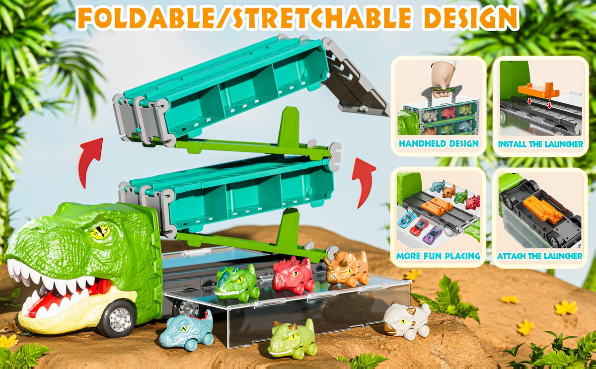 Dinosaur Truck Toy Carrier with 63-Inch Foldable Race Track, 13-in-1 Set with 12 Cars & 2-Player Racing