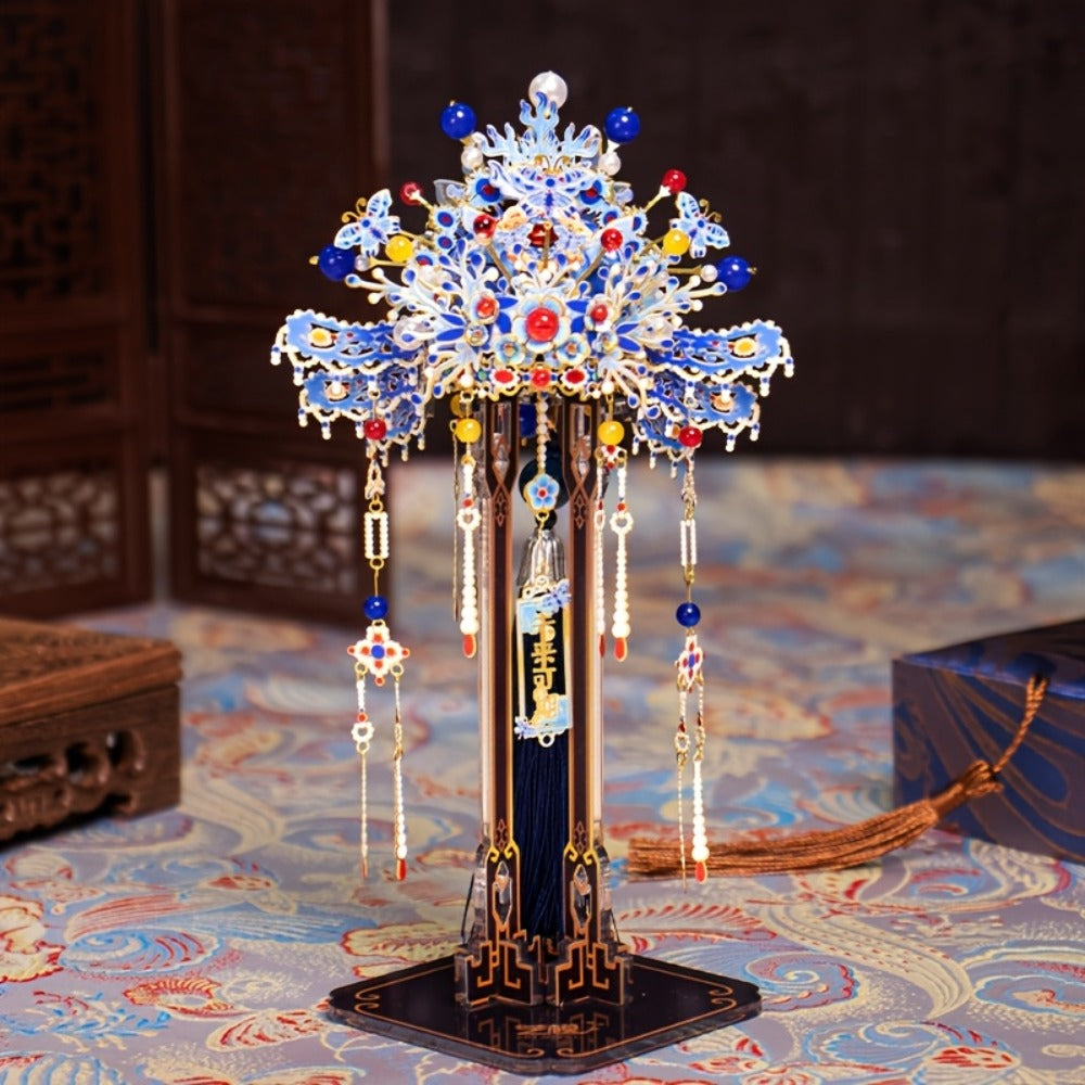 3D Metal Puzzle Phoenix Crown Qingluan – Blue & Gold DIY Assembly with Beads & Tassels, Chinese Mythology Art Collectible, Unique Romantic Gift for Girlfriend Boyfriend Birthday Anniversary