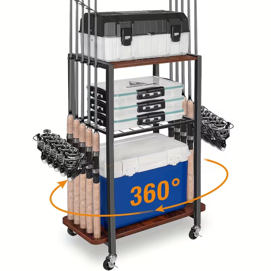 Fishing Rod Holder Rack in Iron and Wood, 10-Rod Holder or 12-Rod Six-Wheel Stand