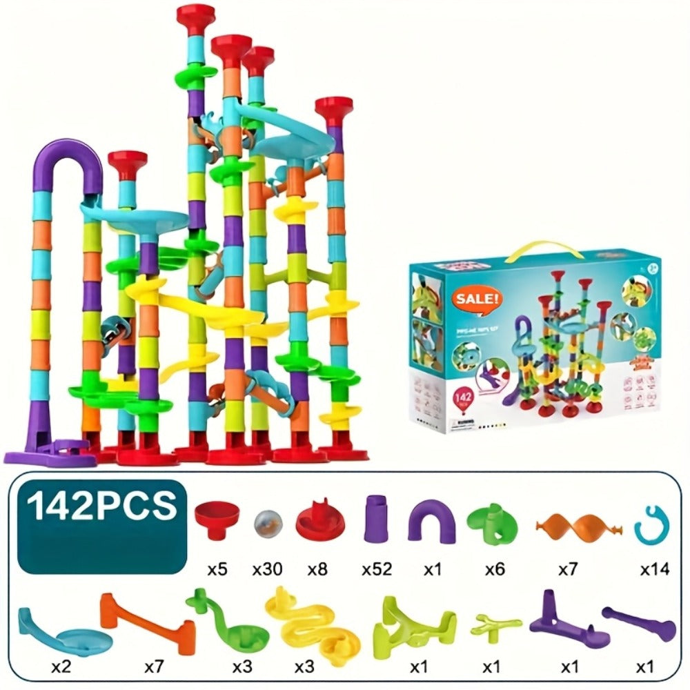 Marble Run Building Block Set with Glass Marbles, 112 or 147 Piece Race Track Toy for Ages 4+