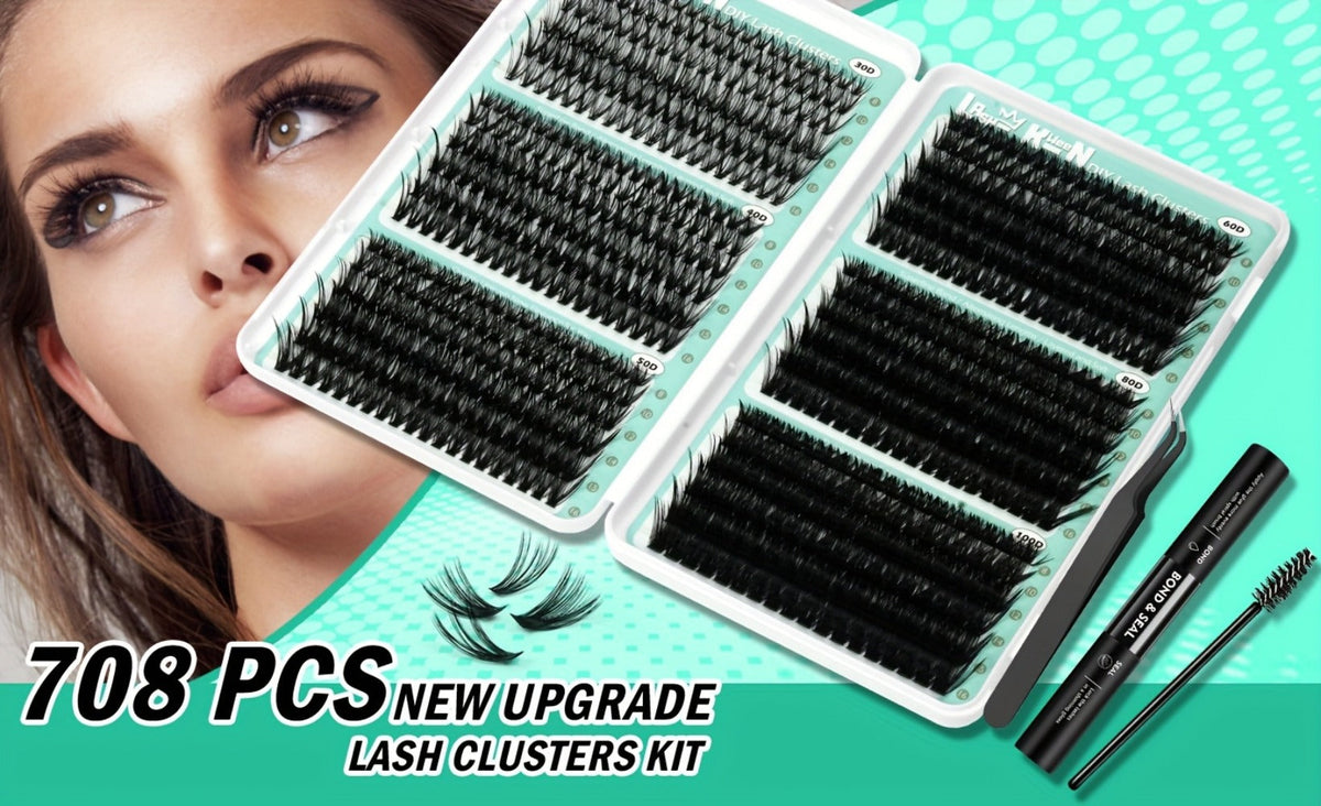 Lash Clusters Kit 708Pcs with Tweezers, Glue & Brush – Soft Silky Fiber False Eyelashes Full Voluminous DIY Lash Extension Set for Party, Wedding, Bridal & Daily Makeup, Beginner to Pro