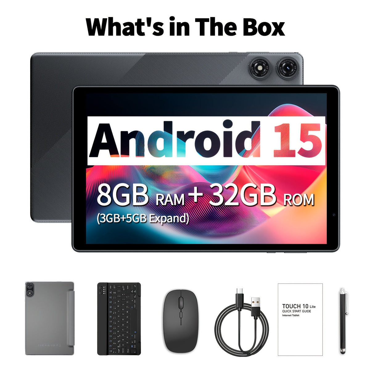 2-in-1 Tablet 10.1 Inch Android 15 8GB RAM 32GB ROM 1TB Expandable 6000mAh Battery WiFi Dual Camera with Optional Keyboard Mouse Protective Case & Stylus Pen – Gray
