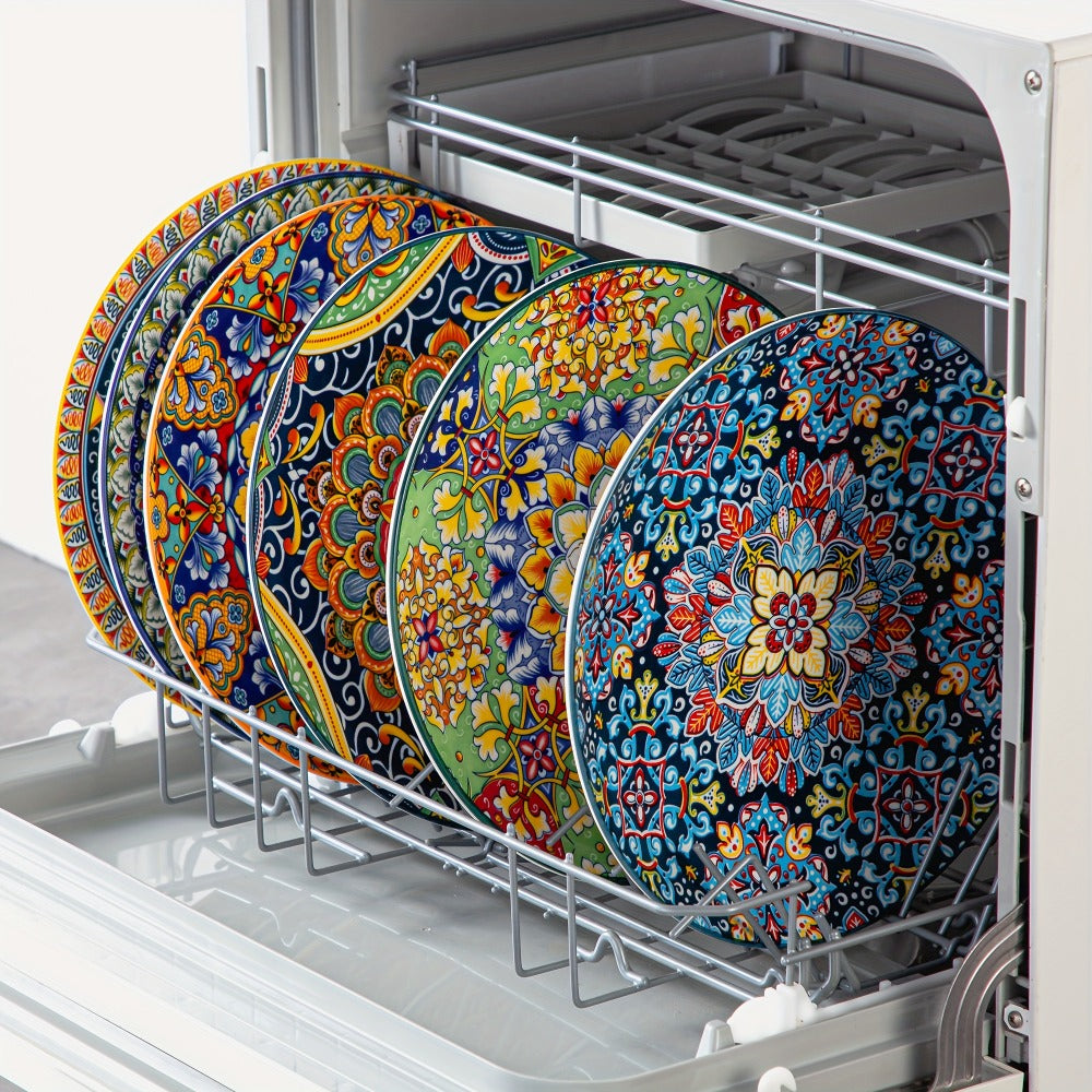 Bohemian Dinner Plates Set of 6 – 10.5 Inch Colorful Stoneware Plate Set Microwave Dishwasher Safe Scratch Resistant Porcelain Dinnerware for Home Restaurant Cafe Boho Kitchen Decor Gift