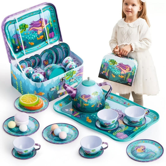 Mermaid Pretend Play Tea Set with Teapot, Cups, Plates and Carrying Case
