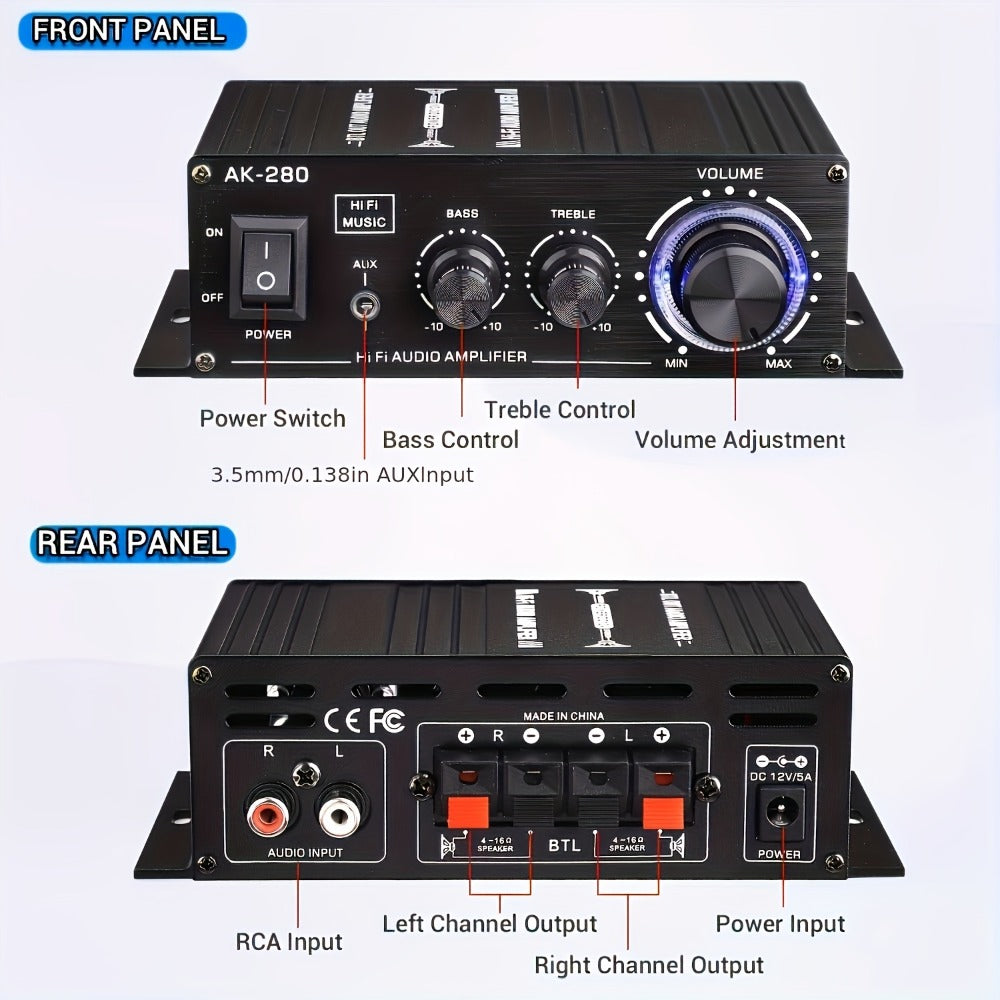 600W Mini HiFi Stereo Power Amplifier, Dual-Channel Class AB Compact Audio Amp, 2.0 Channel, RCA & AUX Input, Bass & Treble Control, Sound Amplifier for Home Theater, Computer & Car Audio (No Power Cord)