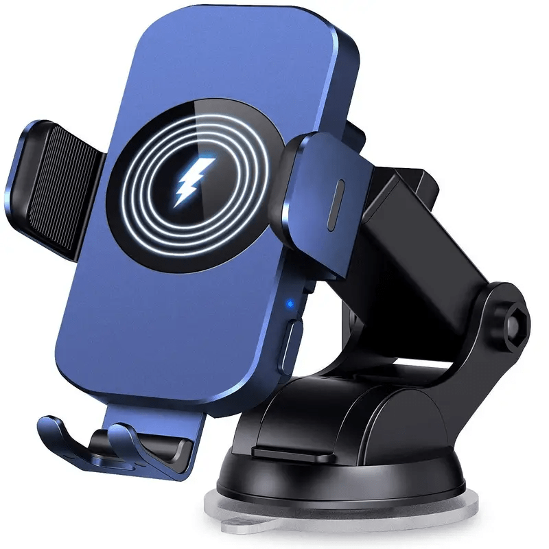 Auto-Clamping Car Wireless Charger 15W Blue Gold Stylish Vent Clip Phone Mount 360° Rotation for iPhone 16 15 14 13 12 11 Pro Max, Samsung Galaxy S24 S23 S22 S21, All Qi Devices – Blue & Gold