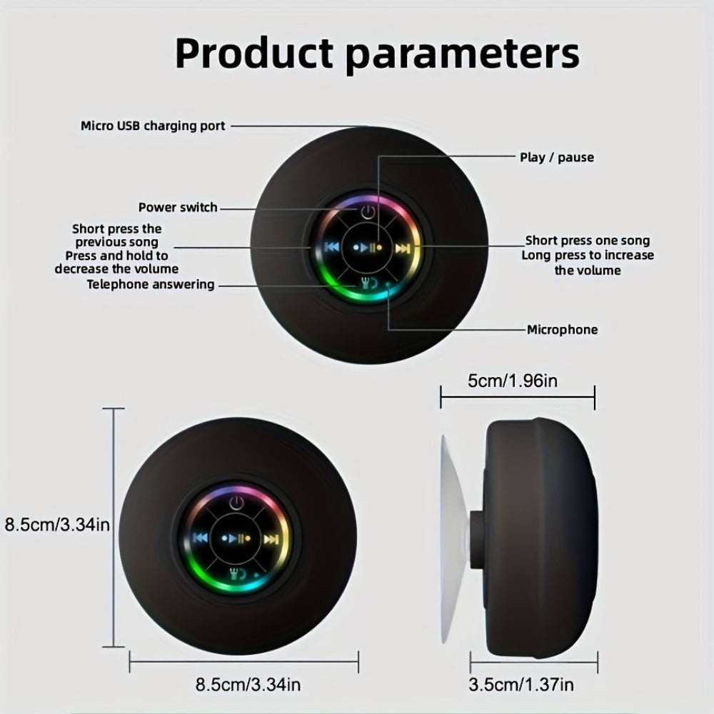 Bathroom Shower Speaker with LED Light – Wireless Bluetooth Speaker, USB Rechargeable 400mAh Battery, Suction Cup Mount, Button Control, Waterproof Design for Shower, Bath & Indoor Use