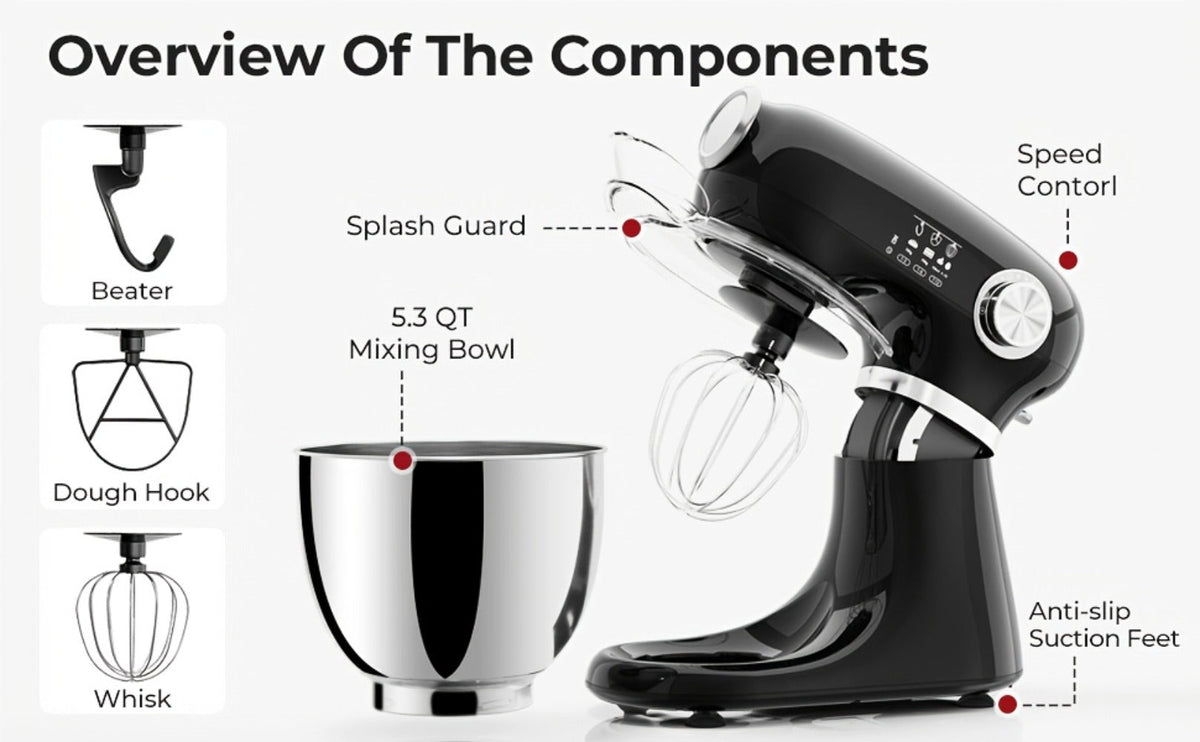 Bowl-Lift Stand Mixer 5.5 Qt 4-in-1 Electric Vertical Mixer 350W 12-Speed with Pulse Stainless Steel Bowl Dough Hook Whisk Mixing Paddle for Cake Bread Dough Black Red