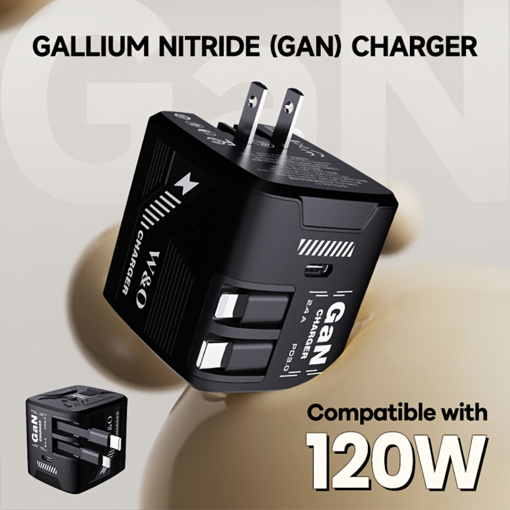 Dual Cable GaN Charger 120W with Built-In 47in Type-C & Lightning Retractable Cables, Foldable Plug – Tangle-Free Fast Charging USB-C Wall Adapter for iPhone 16 15 14 Pro Max, Samsung Galaxy S25 S24
