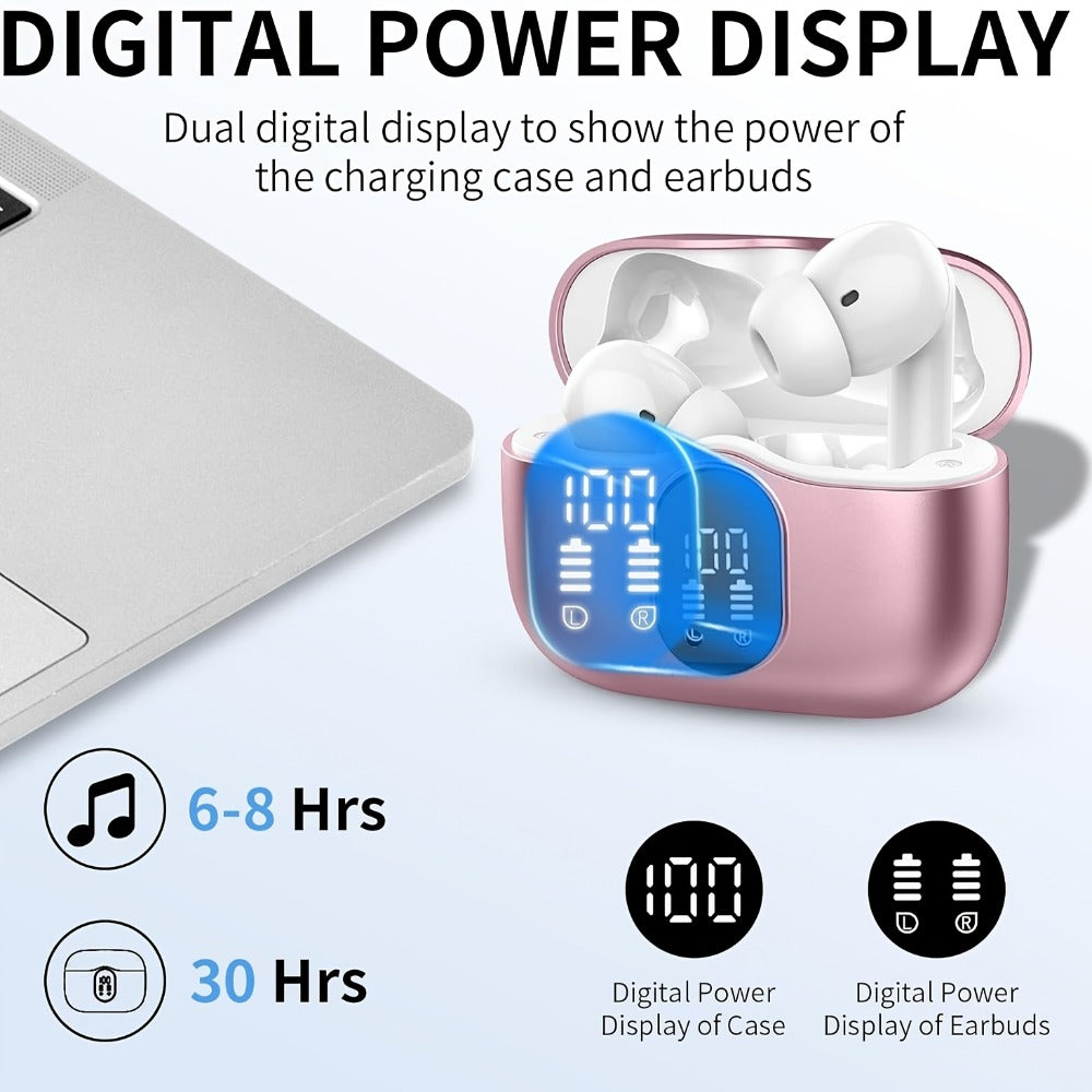 Bluetooth 5.3 Wireless Earbuds with Noise Cancelling Mic & LED Display, Deep Bass Stereo in-Ear Headphones, 36H Playback, Compatible with iPhone Android Laptop Tablet for Sports Gym Travel