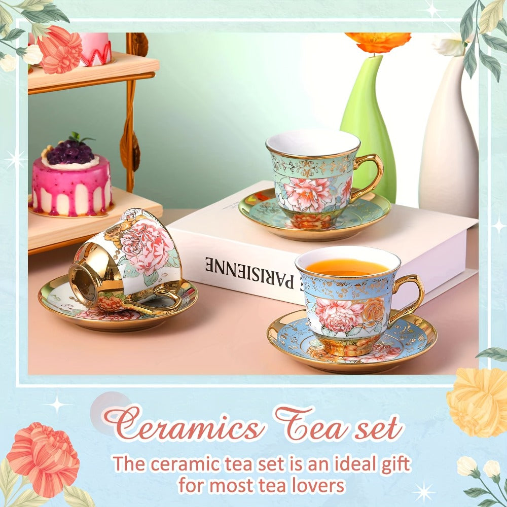 Floral Porcelain Tea Cups and Saucers Set of 12 – 5.4 Oz British Style Tea Party Cups – Classic Elegant Gift for Women – Perfect for Birthday, Mother's Day, Church & Tea Parties
