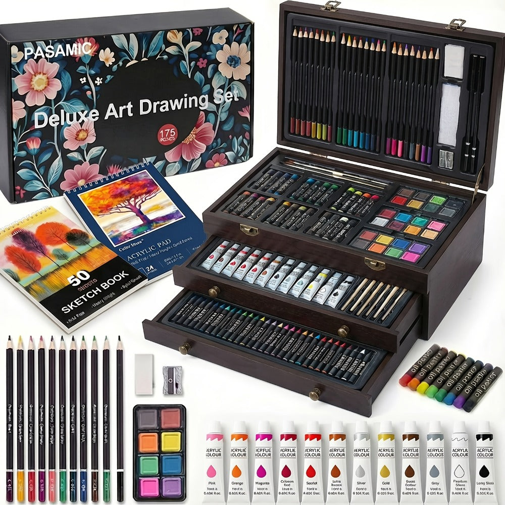 172 Piece Deluxe Art Set in Wooden Case with 2 Drawing Pads Crayons Acrylic Paints Colored Pencils Professional Art Kit Gift Box for Artists Beginners Ages 8+ Birthday Christmas
