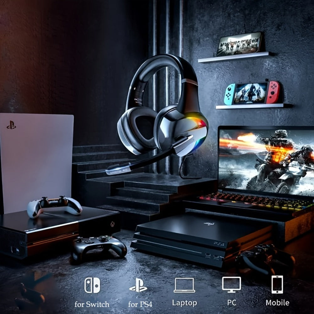 LED RGB Gaming Headset Surround Sound 50mm Driver Noise Canceling Mic Ergonomic Over-Ear Headphones for PS5 PS4 PC Laptop Gamers ESports USB 3.5mm Gaming Accessories