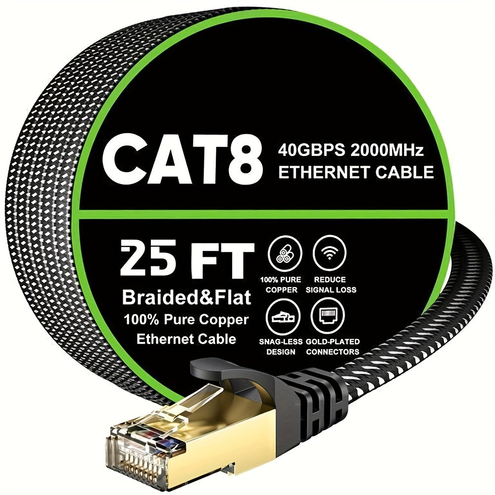 Cat 8 Ethernet Cable 100ft Flat Braided, 40Gbps 2000MHz High Speed Internet Cord, Gold Plated RJ45 SSTP Shielded Network LAN Cable for PS4 PS5 Gaming, Router, Modem, PC, Laptop, Xbox