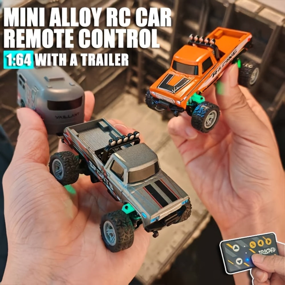 1:64 Mini RC Truck with Trailer and LED Lights, Green, Gray or Blue