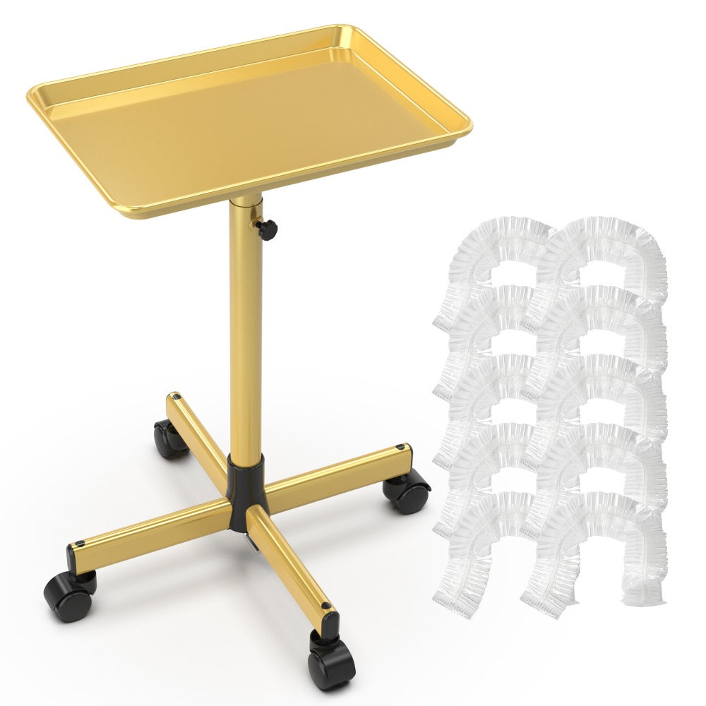 Salon Rolling Trolley Cart Adjustable Height with 10 Disposable Covers Mobile Utility Tray for Spa Tattoo Hairstylist Nail Salon Fits Trays up to 27.5 Inch Gold Pink