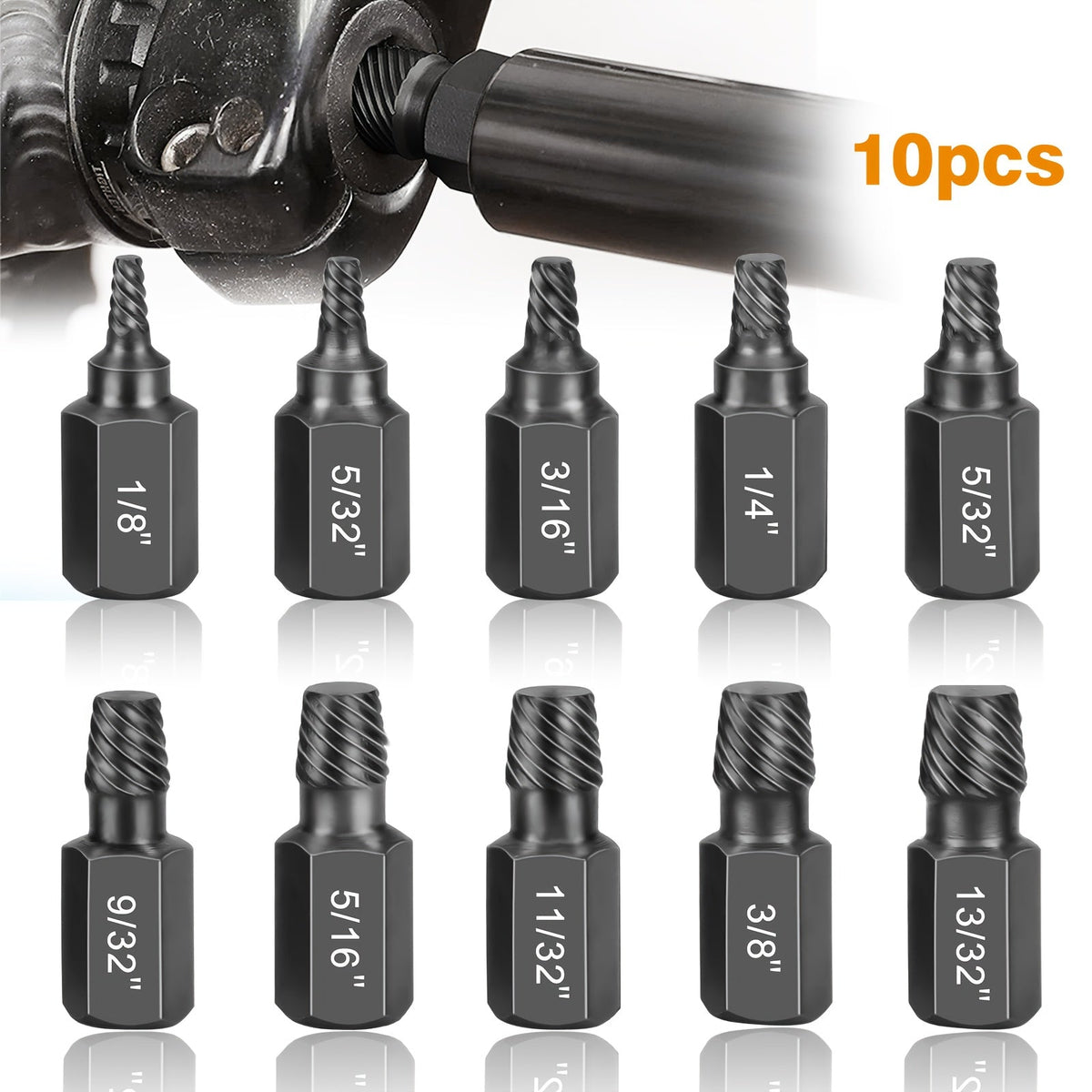 Screw Extractor Set 10pcs, 1/8" to 13/32" Broken Bolt Extractor Kit, Left-Handed Alloy Steel Nut & Stud Remover Tool for Stripped Screws, Bolts, Threaded Pipes & Fittings