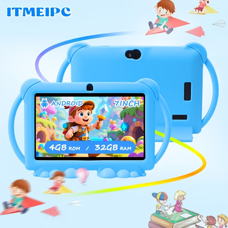 Kids Tablet 7 Inch Android 14, Shockproof Protective Case 4GB RAM 32GB ROM, Parental Mode WiFi 6 Dual Camera, IPS HD Display Quad-Core Mali T820 USB OTG, Children Learning & Entertainment Tablet – Blue Pink