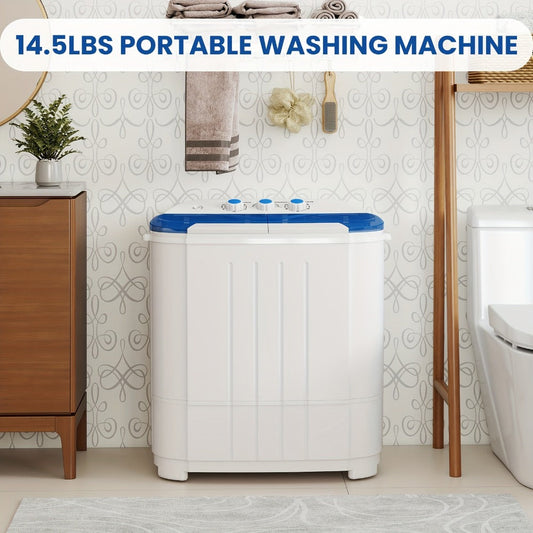 Portable Twin Tub Washing Machine with Spin Dryer, Gravity Drain and Time Controls
