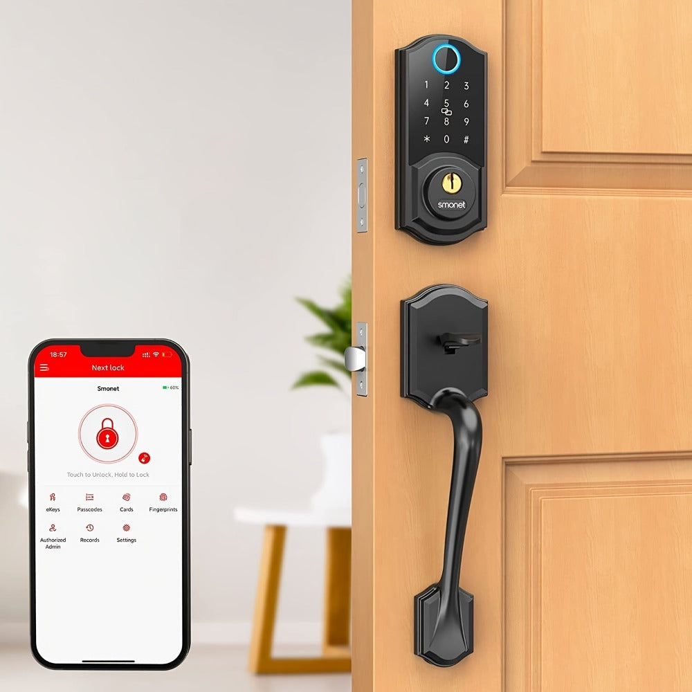 SMONET Smart Deadbolt Lock Set with Handle - Fingerprint, Bluetooth App & Keypad, Auto-Lock, Keyless Entry for Home, Office, Airbnb & Hotel, Oil Rubbed Bronze, Black & Silver