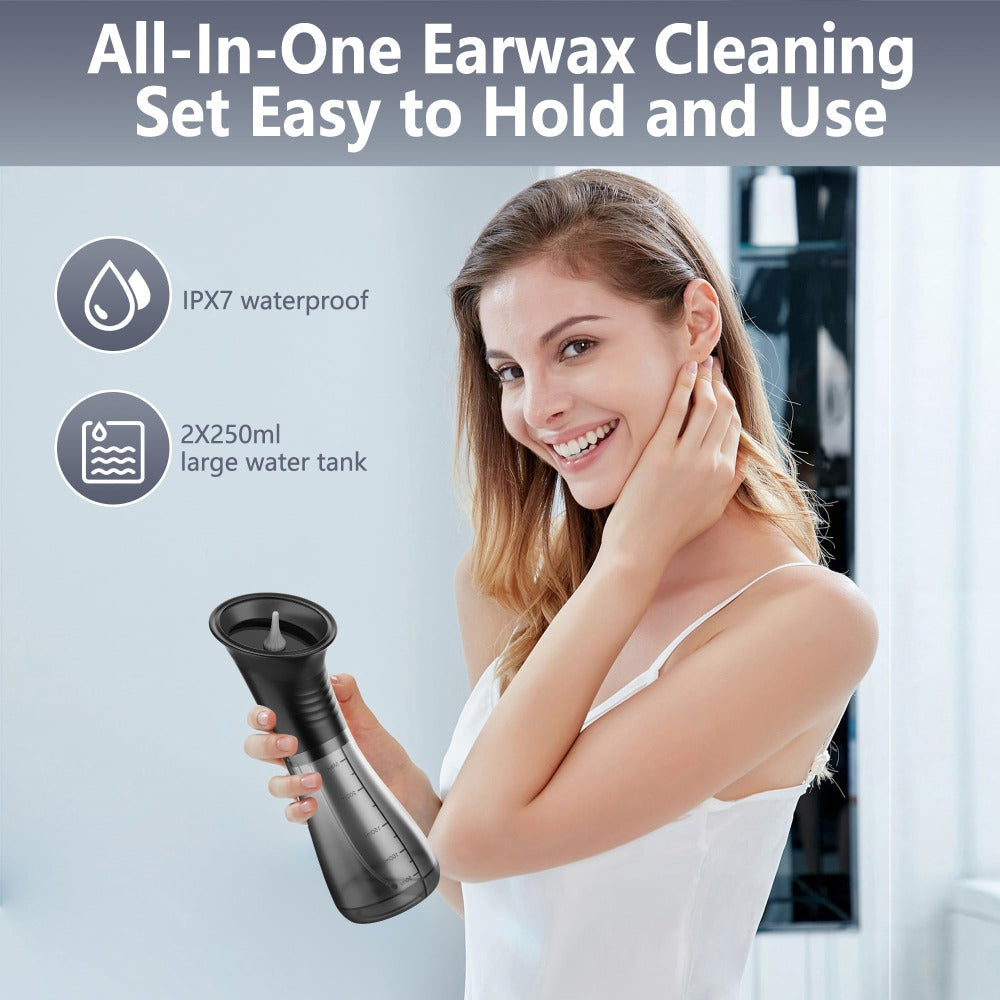 Electric Ear Wax Removal Kit with One-Piece Waste Tank – Water Temperature Sensor, 2000mAh Battery, LED Power Display, Professional Safe Ear Irrigation Cleaner