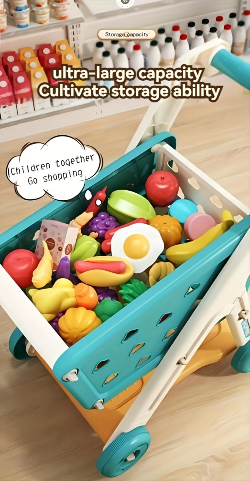 Pretend Play Shopping Cart Set with Toy Food for Grocery Store Role Play