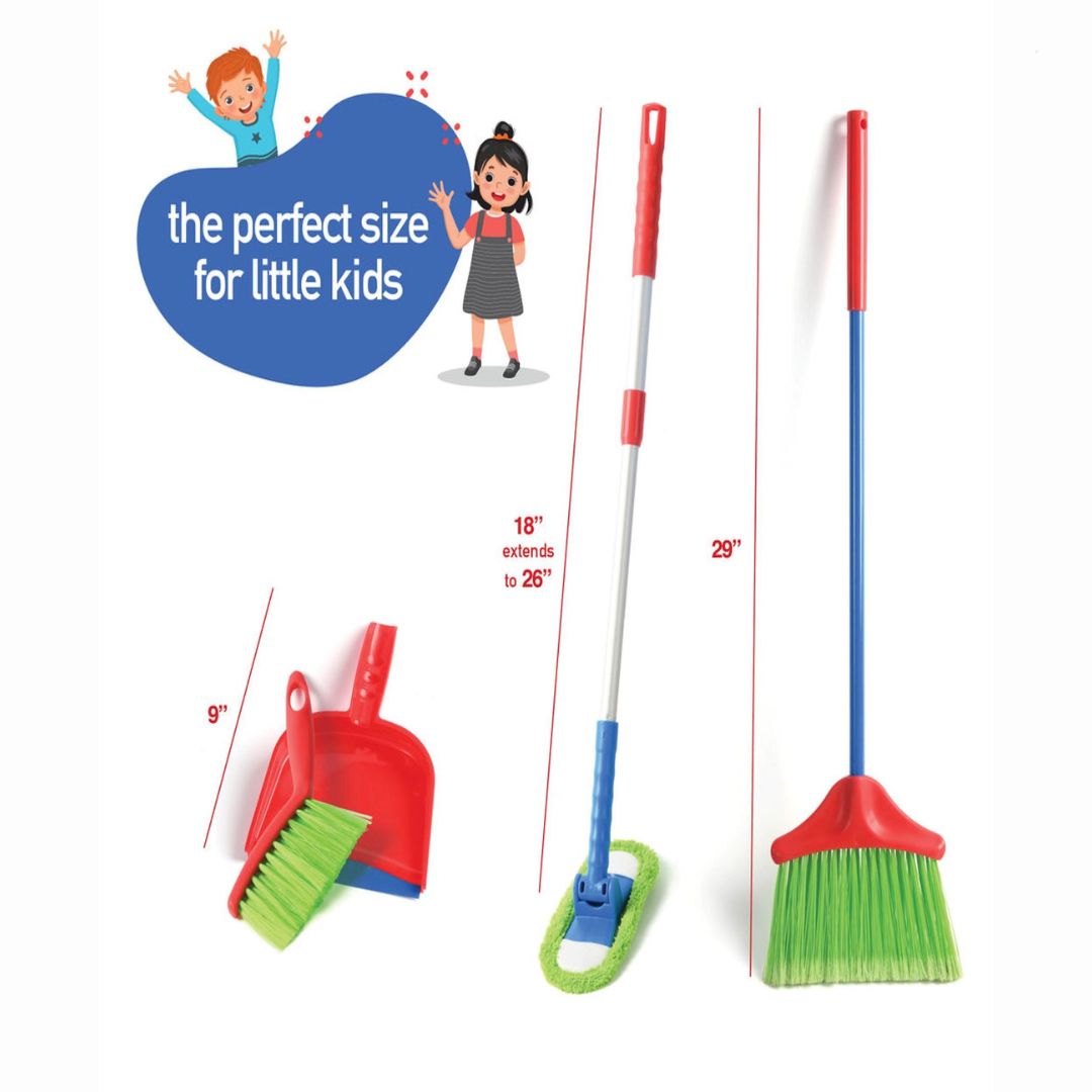 Kids Cleaning Toy Set, 4 Pieces with Broom, Mop, Brush & Dustpan