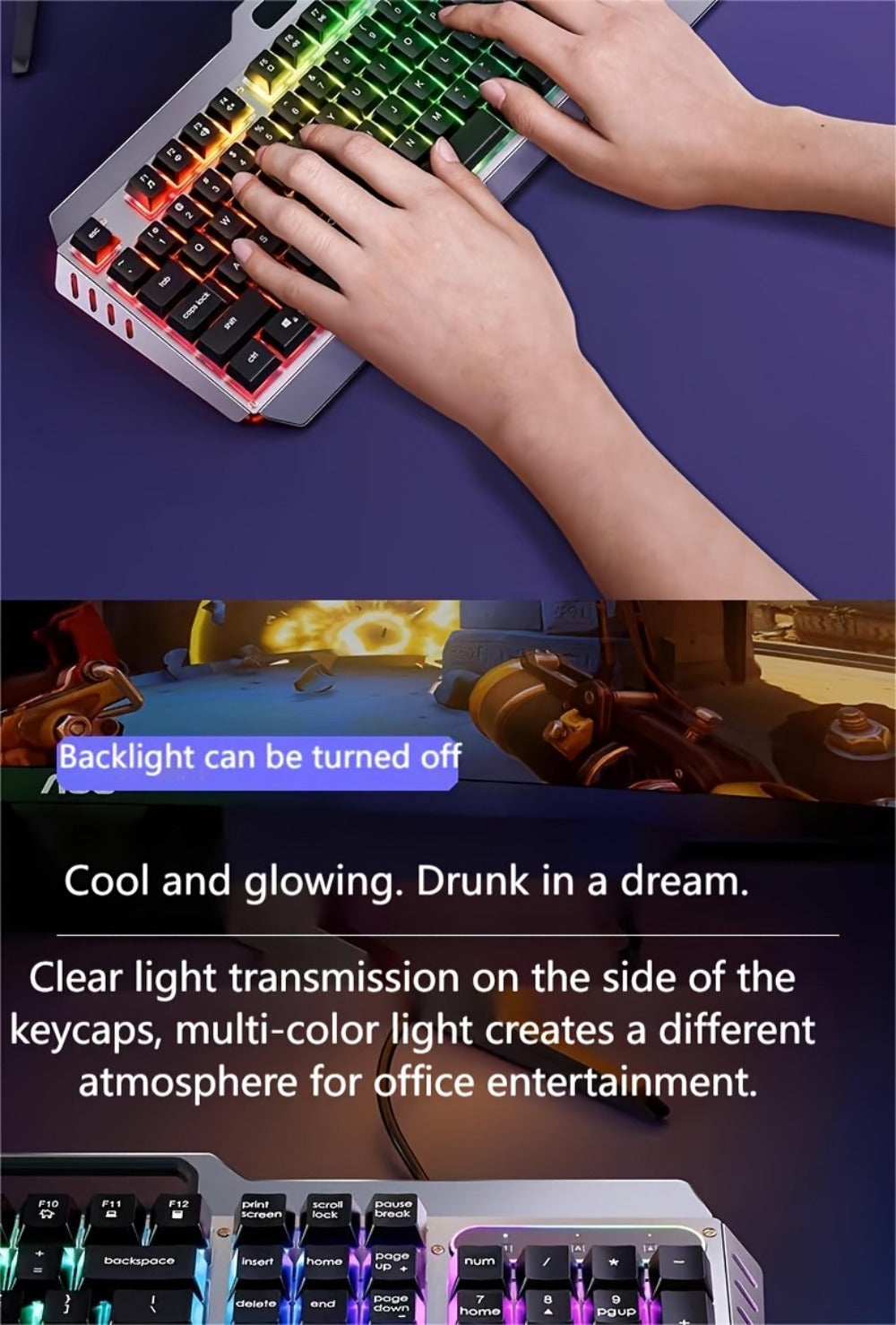 LED Backlit Wired Gaming Keyboard 104 Keys Full Size – Quiet Ergonomic Design, Adjustable Volume Knob, USB Powered, Compatible with Desktop and Laptop Computers, Office and Home Use