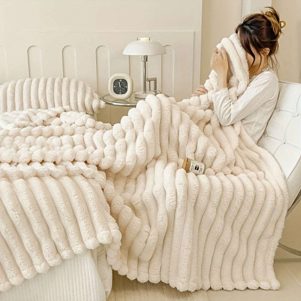 Reversible Faux Rabbit Hair Blanket – Thickened Soft Thermal Throw for Bed, Nap, Office & Camping, All Season, 4 Colors, 5 Sizes