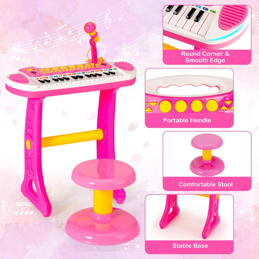 Kids Piano Keyboard Set in Pink, 31 Keys with Microphone, Stool and Recording