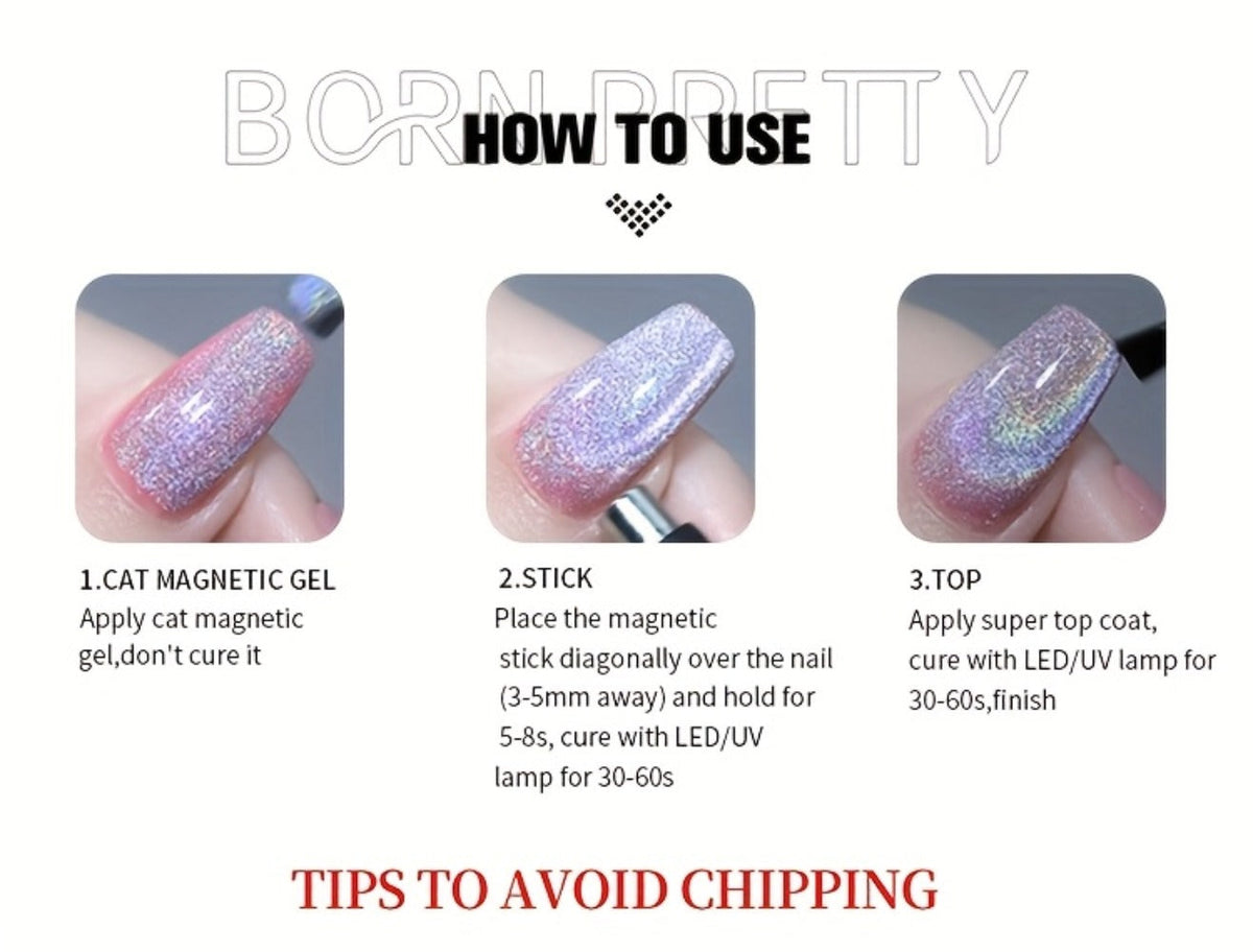 Black Cat Eye Magnetic Gel Nail Polish 10ml Glass Bead Iridescent Multicolor Shimmer – Soak-Off UV LED 30-Day Wear Shiny Line Effect, Salon Quality Nail Art for Women DIY Home Manicure