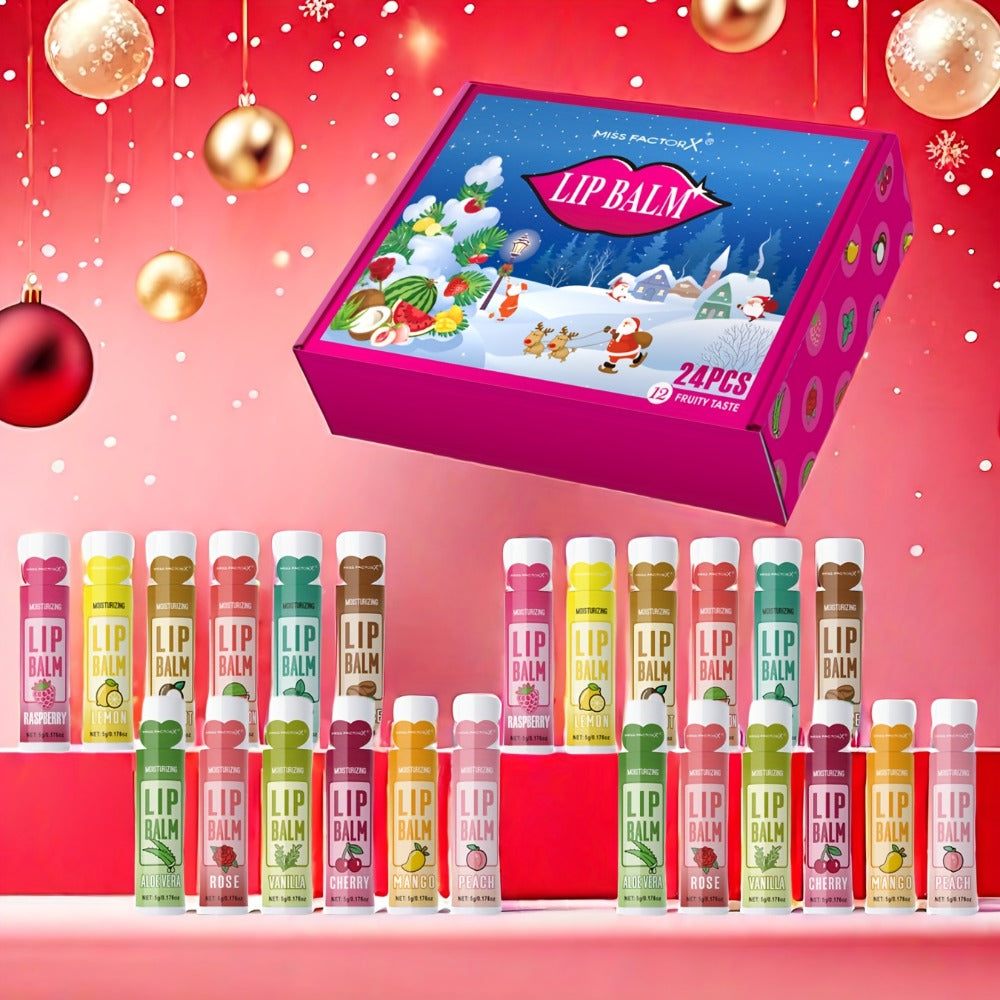 Lip Balm Set 24 Pcs Christmas Gift Box — Plant Fragrance Long-Lasting Moisturizing & Brightening Lip Color for Men & Women, Holiday Stocking Stuffer & New Year Party Favor Gift