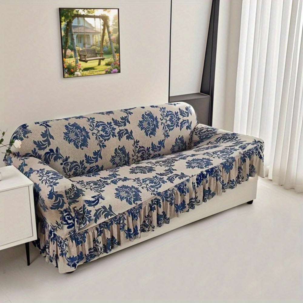 Stretch Sofa Cover Slipcover High-Stretch Fabric Ruffle Skirt Non-Slip Rod All-Season Snug Fit for 1 2 3 4 Seater Couch — Dark Blue with Pillow Cover