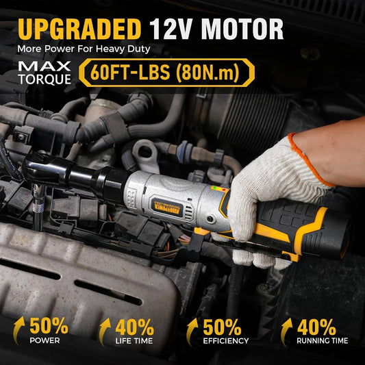 Cordless Electric Ratchet Wrench Set, 12V 3/8-Inch Drive with 2 Batteries and 6 Sockets