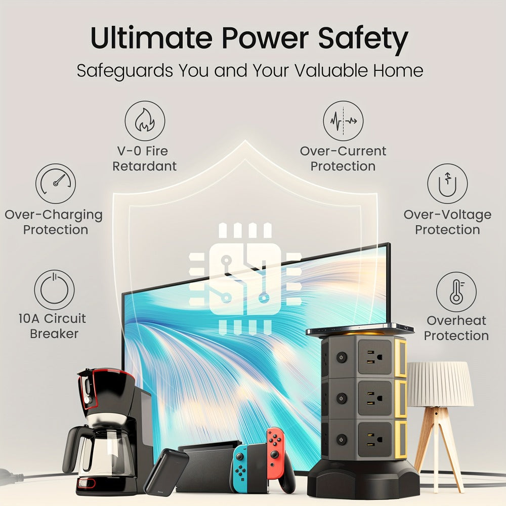 Wireless Charging Tower Power Strip 18-in-1 Surge Protector - 12 AC Outlets, 6 USB Ports (2 USB-C), 1050 Joules, 5ft Retractable Cord, Gold Desktop Charging Tower for Home Office Dorm