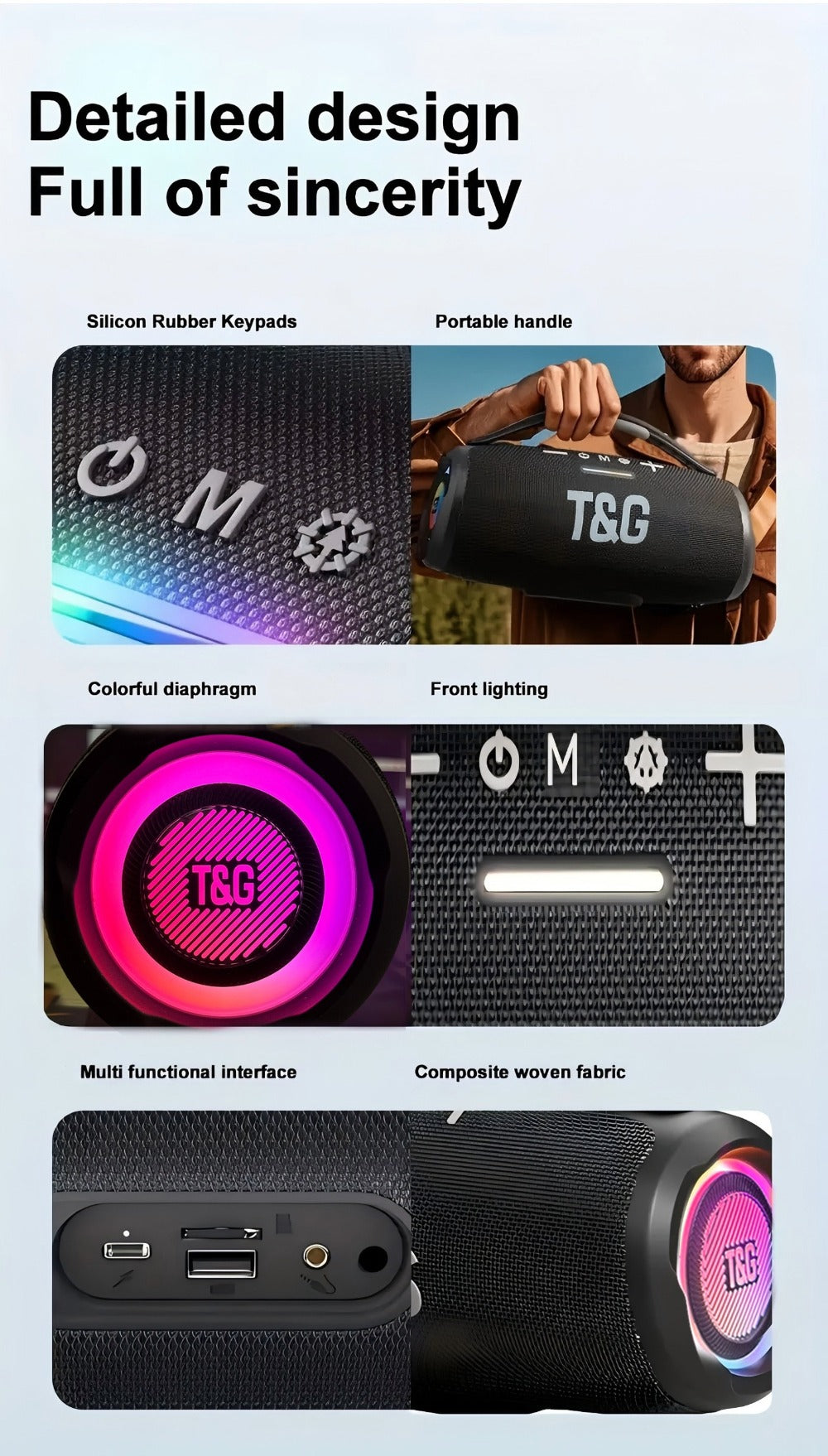 TG418 Bluetooth Wireless Speaker 3000mAh, LED Flash Lights, EQ Settings, Type-C Charging, TF Card USB AUX Compatible, Loud Portable Speaker for Mobile Phones Tablets Computers Outdoor & Home Use