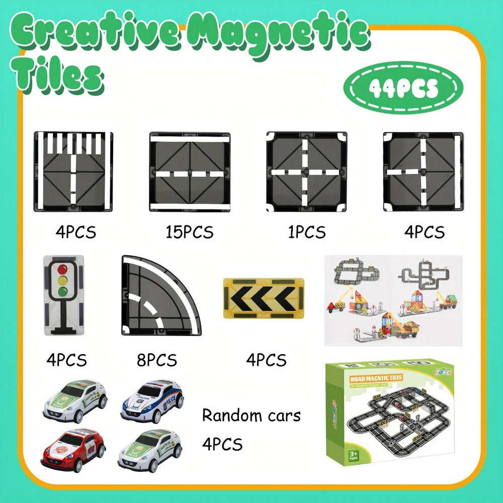 Magnetic Road Track Set 44 Pcs, Flexible Road Builder Tiles with Pull-Back Cars