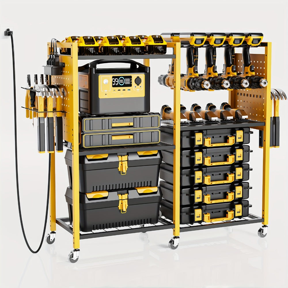 Mobile Tool Cart with Charging Station – 12 Drill Holders & 5 Storage Shelves Power Tool Organizer | Rolling Utility Rack Toolbox with Battery Charging Power Strip for Garage & Workshop | 4 Colors