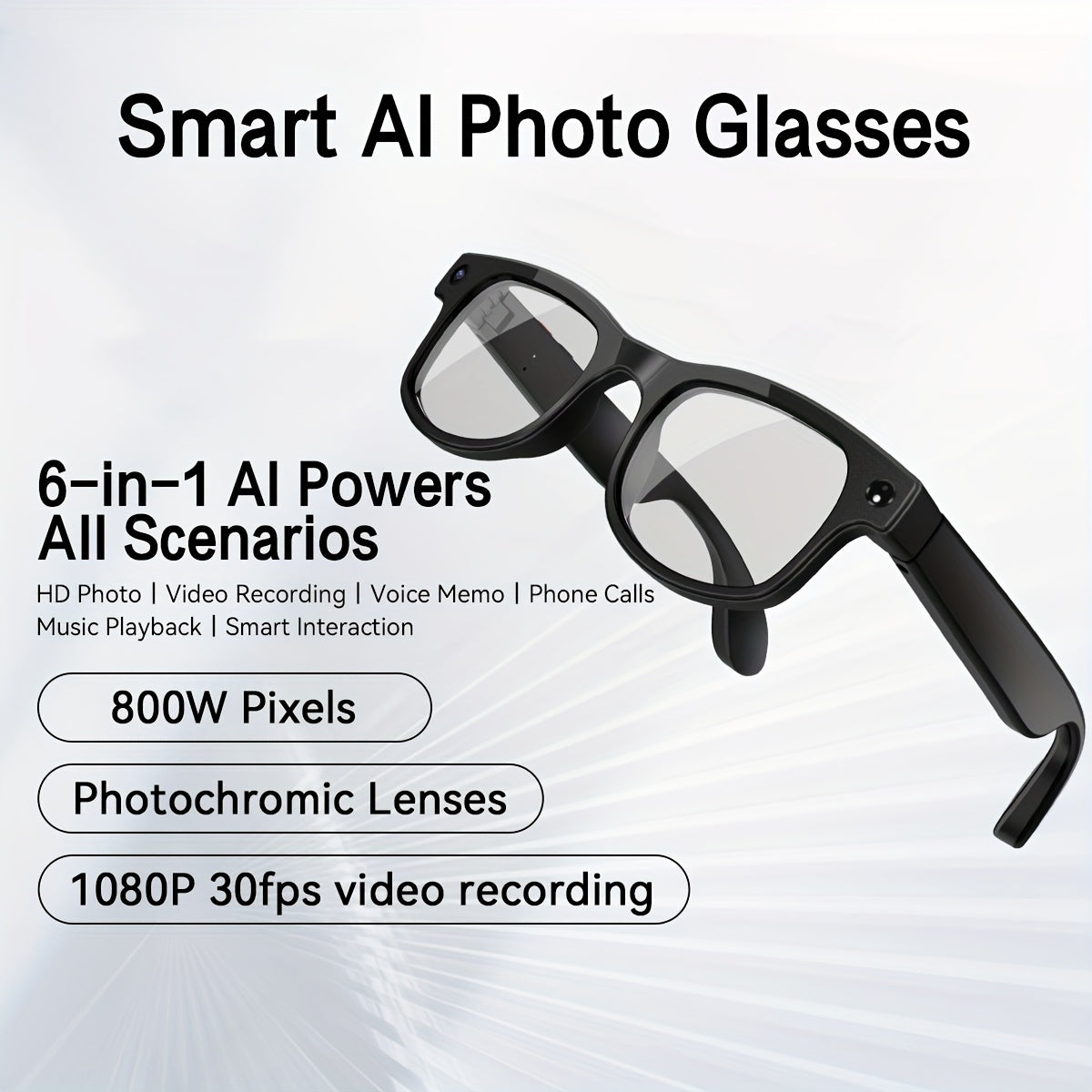 Smart Glasses with Camera 8MP Dual Lens 1080P HD – AI Auto Color Change, Air Conduction 360° Sound, Dual Mic, 290mAh Battery, 3 Lenses, Black & Transparent Frame