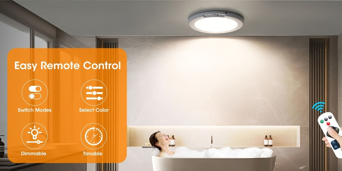 Rechargeable LED Ceiling Light with Motion Sensor – Remote Control Dimmable, 3 Color Temps 3000K/4500K/6500K, 10 Brightness Levels, Battery Operated Closet Light for Bathroom Hallway Pantry Porch