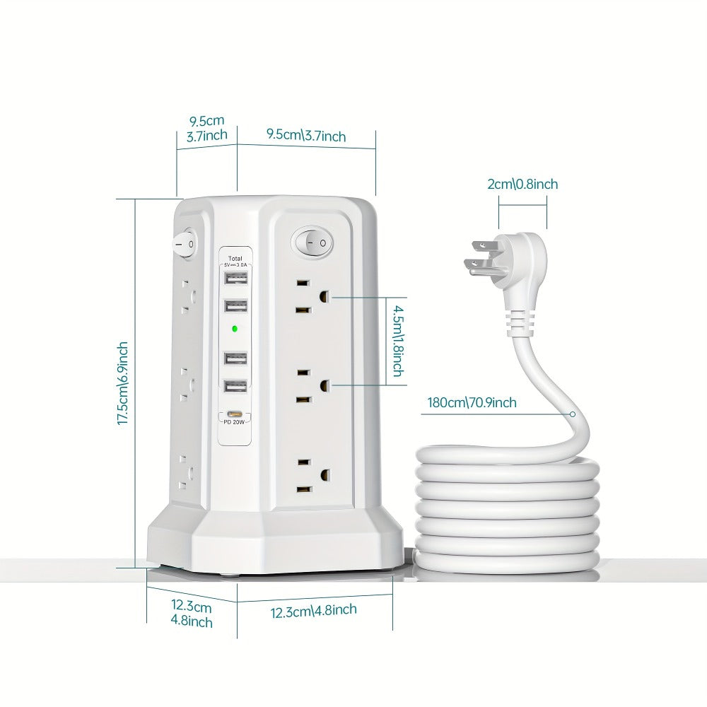 Power Strip Tower Angled Flat Plug 17-in-1 with 12 AC Outlets 4 USB-A 1 USB-C PD 18W 4 Independent Switches 1500J Surge Protector Desktop Extension Cord for Home Office Dorm Room – Black & White
