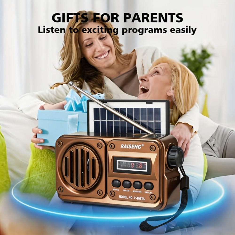 FM Portable Radio R-49BTS Retro Solar Panel Bluetooth Speaker, USB TF Card Playback, Loud Digital Radio for Indoor Outdoor Travel Emergency Camping, Independence Day Gift