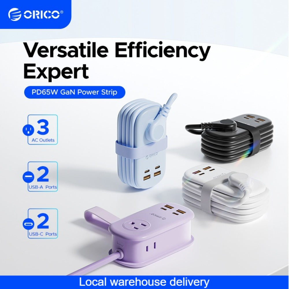 GaN 65W Portable Power Strip Fast Charging - 3 AC Outlets, 2 USB-C & 2 USB-A Ports, Flat Plug, 50-inch Cable, Compact Travel Charging Station for Laptop Tablet Phone Home Office Studio