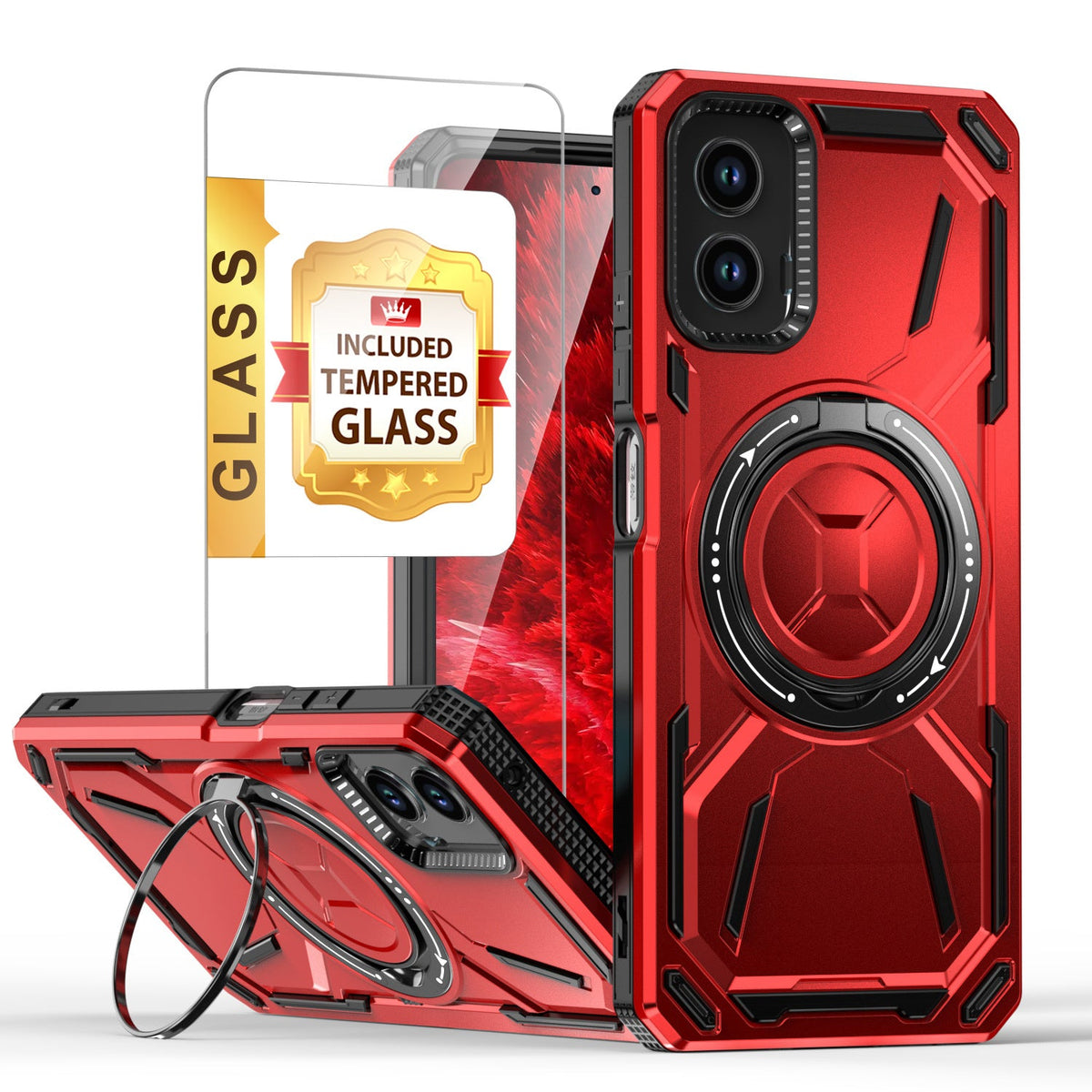 Moto G 5G 2024 Case with Tempered Glass Screen Protector & 360° Magnetic Ring Stand Kickstand – Shockproof Wireless Charging Compatible Protective Cover for Motorola Moto G 5G 2024