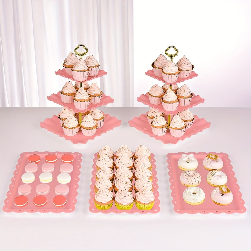 Cake Stand Set 5 Piece – 2 Square Three-Tier Cupcake Stands & 3 Appetizer Trays for Birthday, Baby Shower, Bridal Shower, Christmas, Halloween Party Dessert Display