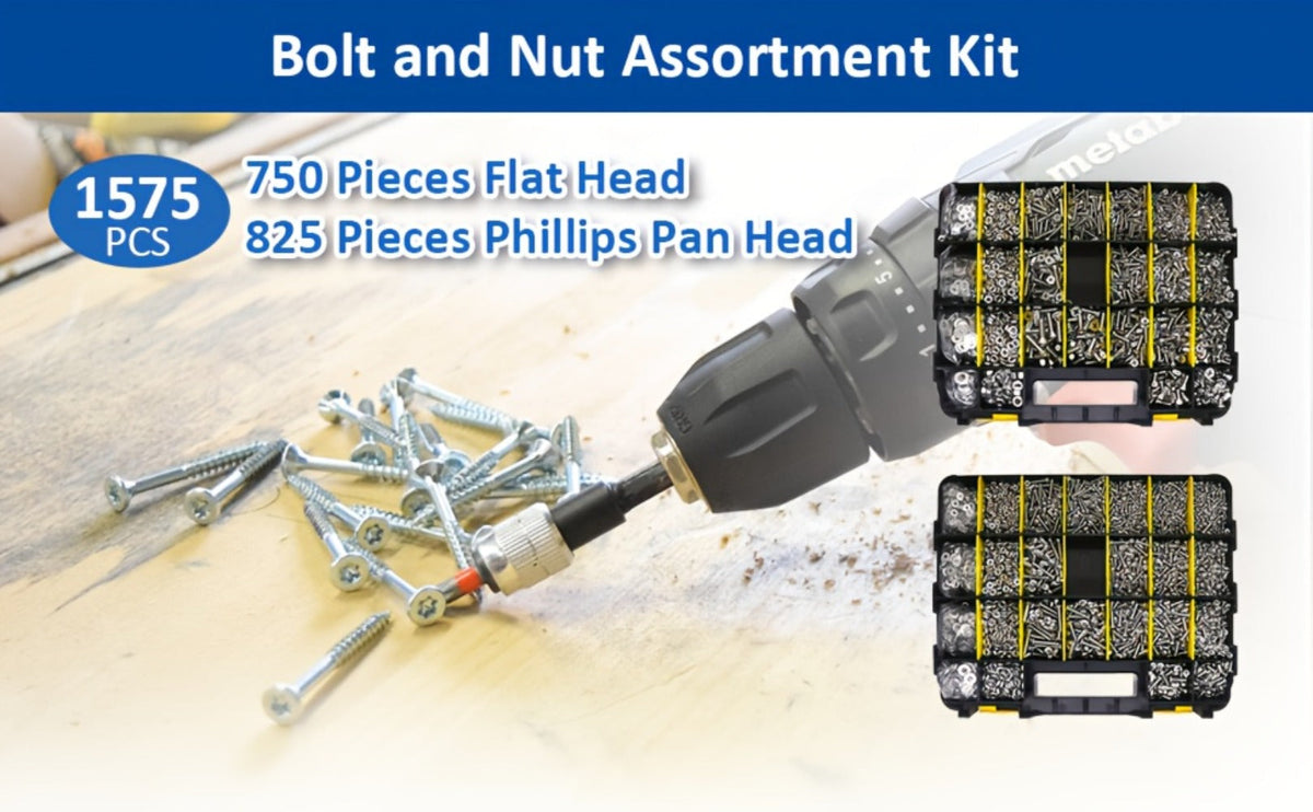 1575pcs 304 Stainless Steel Nuts and Bolts Assortment Kit – Pan Head Flat Head Screws Nuts Washers with Double-Sided Storage Box for Home & Mechanical Repairs