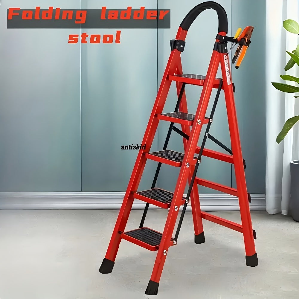 Folding Step Stool 5 Step 500 LBS Anti-Slip – No Assembly, One-Hand Fold, Soft Grip Handle, Wide Pedals, Auto Safety Lock, Portable Lightweight Ladder for Home, Kitchen, Bedroom & Industrial Use